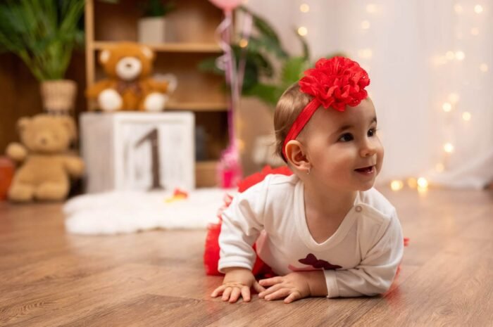 Mosolygós kisbaba piros masnival egy meghitt születésnapi fotózáson, háttérben játékokkal és dekorációval.