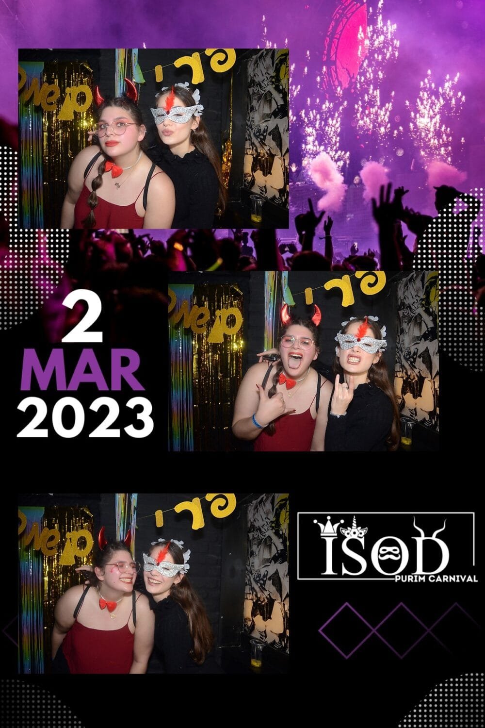 Selfiebox fotó – két vidám fiatal nő különböző vicces jelmezekben pózol egy Purim karneváli partin, csillogó háttérrel és dekorációval. A képen a dátum és az esemény neve, "ISOD Purim Carnival", is látható, amelyet egy szórakoztató bulihangulatot tükröző design egészít ki.