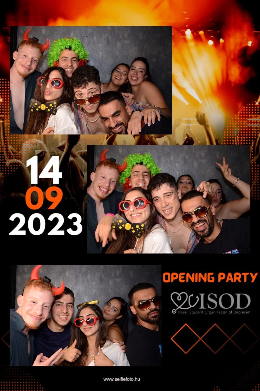 Egy vidám baráti társaság selfiebox előtt mókás kiegészítőkkel, nevetve és pózolva az ISOD Opening Party-n, 2023. szeptember 14-én.