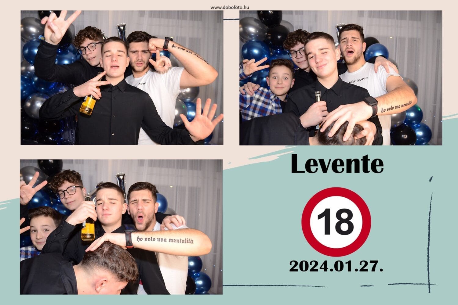 Baráti társaság pózol vidáman a selfiebox előtt, kék és ezüst lufikkal dekorált háttérrel Levente 18. születésnapi ünnepségén.