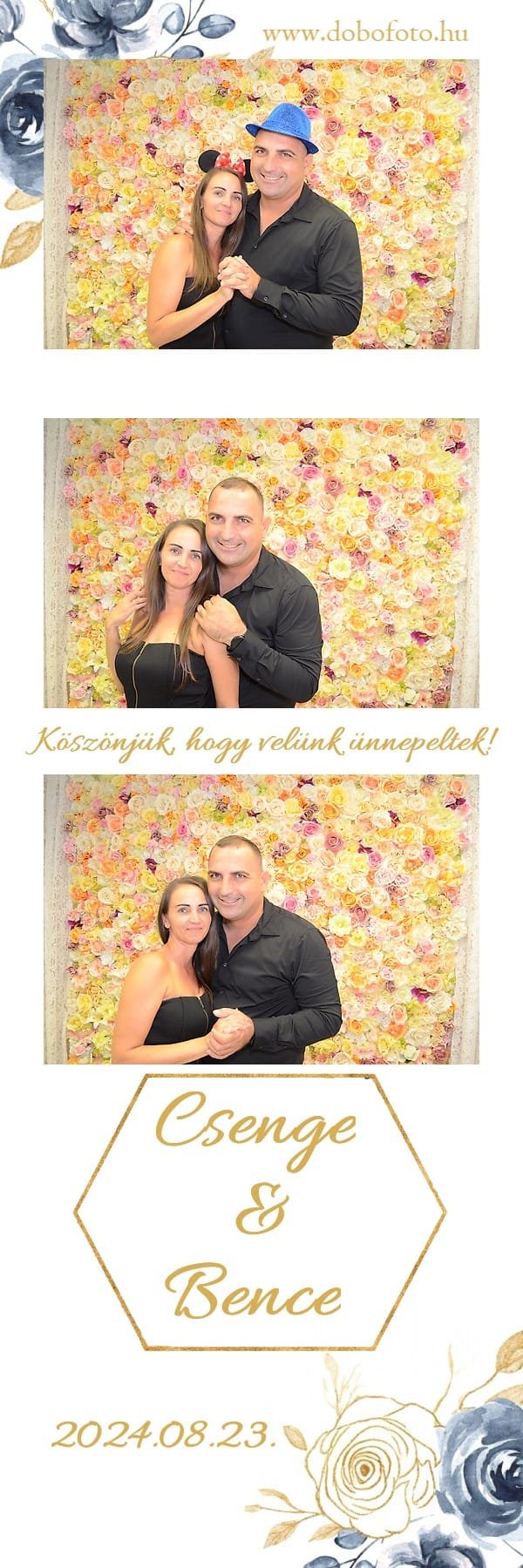 Egy pár boldog pillanatai egy virágos háttér előtt a fotóautomata segítségével.