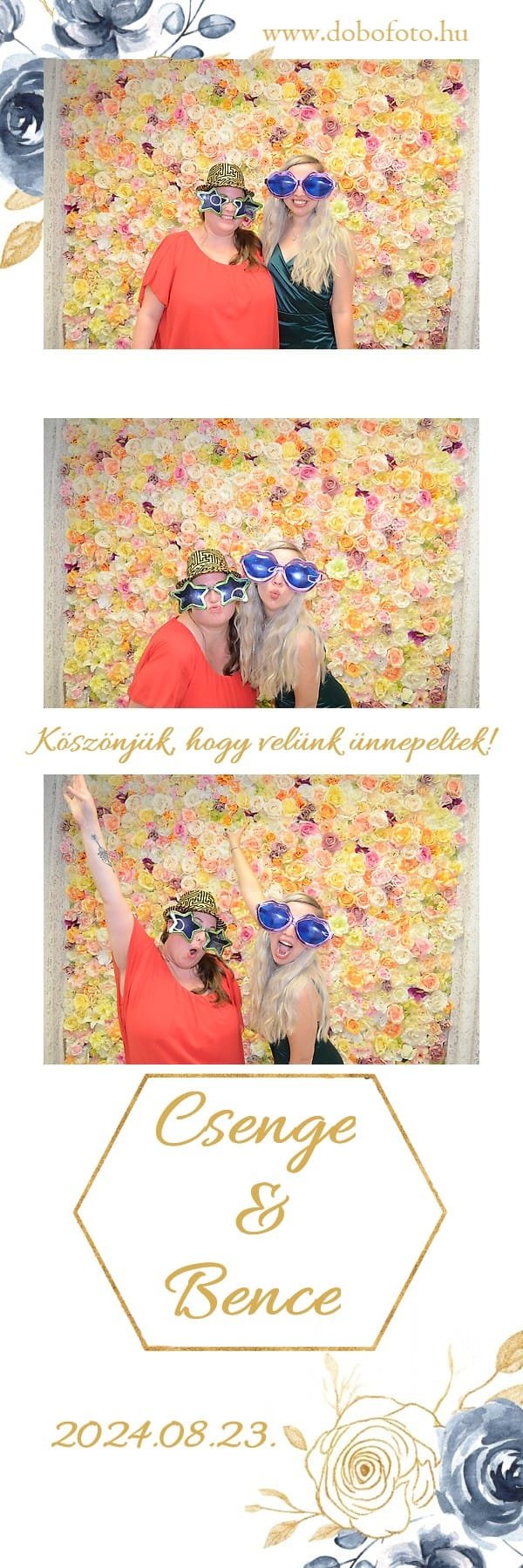 Két barát boldog pillanatai a fotóautomata előtt egy virágos háttér előtt.