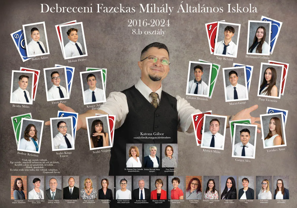 Kártyás dizájnú általános iskolai tabló – Fazekas Mihály Általános Iskola 8.b osztálya