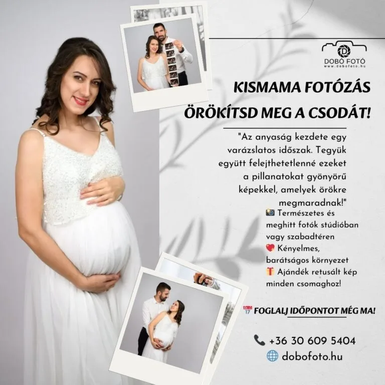 Kismama fotózás Debrecenben - ajánlat Dobó Fotó stúdiójában Debrecenben. Egy várandós nő elegáns, fehér ruhában, kedves és természetes beállítással. A hirdetés kiemeli a stúdióban és szabadtéren készült meghitt fotók lehetőségét, barátságos környezetben, ajándék retusált képekkel.