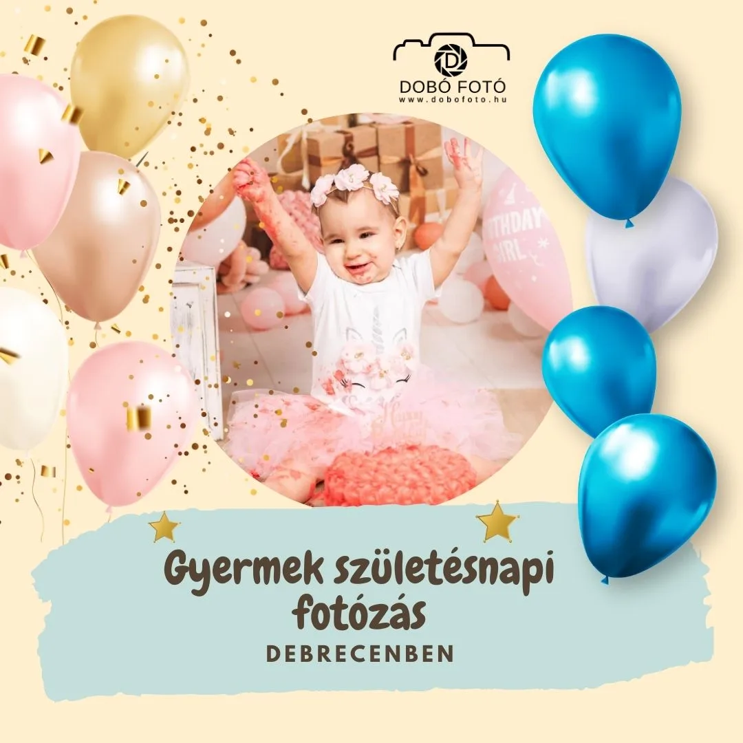 Gyermek születésnapi fotózás Debrecenben - Egy boldog kisgyermek rózsaszín szoknyában, születésnapi dekorációval és lufikkal körülvéve, mosolyogva ünnepli születésnapját Debrecenben. A kép a Dobó Fotó születésnapi fotózás szolgáltatását hirdeti.