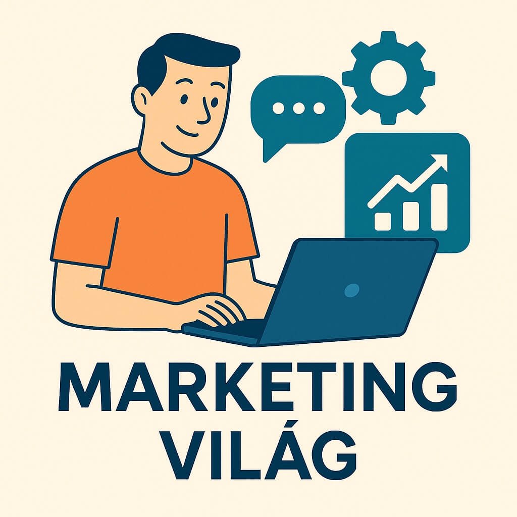 MarketingVilág logó stílusú illusztráció: laptopon dolgozó fiatal férfi marketing ikonokkal – célzás, növekedési grafikon és kommunikációs buborék