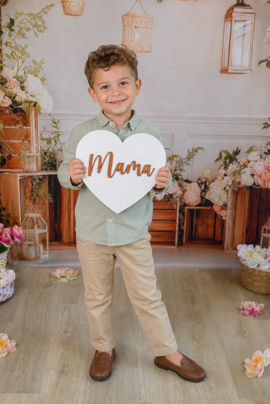 Anyák napi óvodai fotózás — kisfiú „Mama” feliratú szív alakú táblával