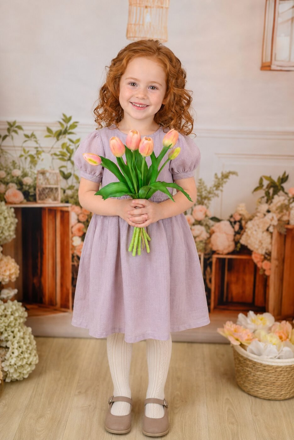 Óvodás kislány tulipáncsokorral, tavaszi fotózás