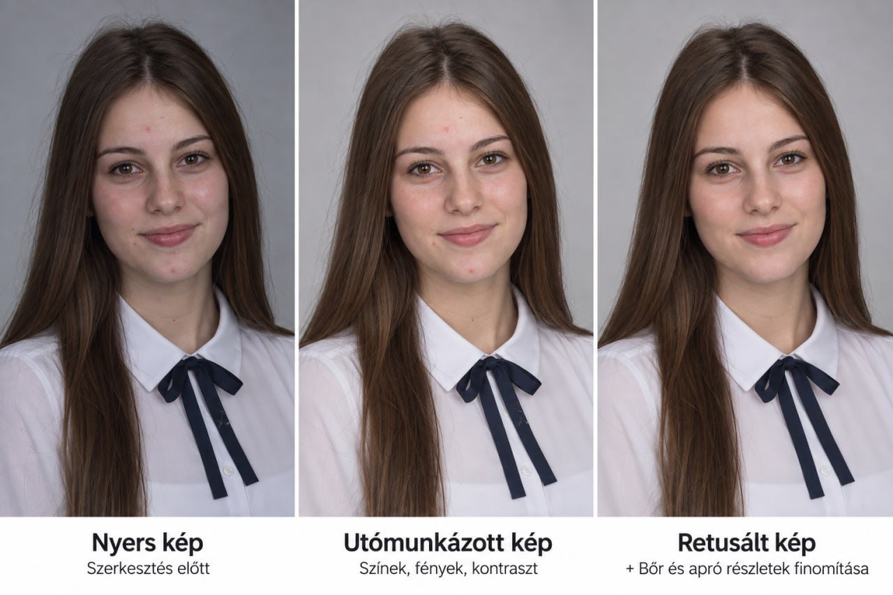 Tablófotó három változatban: nyers kép szerkesztés előtt, utómunkázott kép (színek, fények, kontraszt) és retusált kép (bőr és apró részletek finomítása)