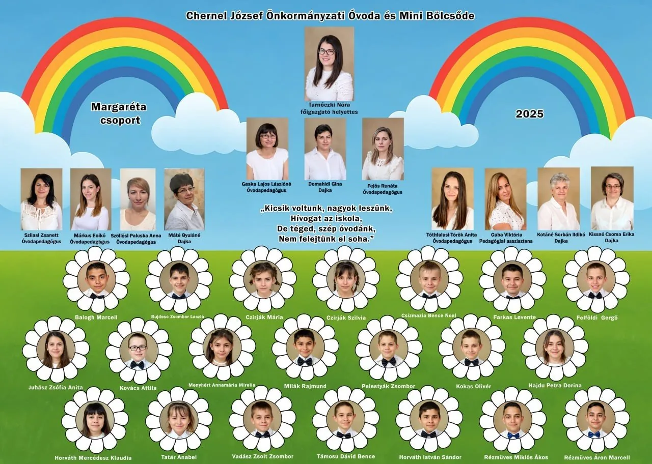 Óvodai tabló fotózás: szivárványos, virágos nagycsoportos tabló (Margaréta csoport, 2025)